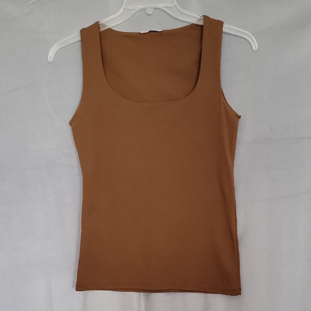Zara Brown Fitted Wide Strap Polyamide Top, Size M